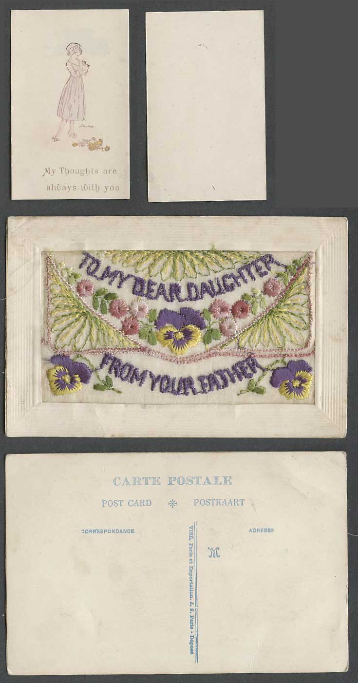 WW1 SILK Embroidered Old Postcard To My Dear Daughter from Your Father & Wallet