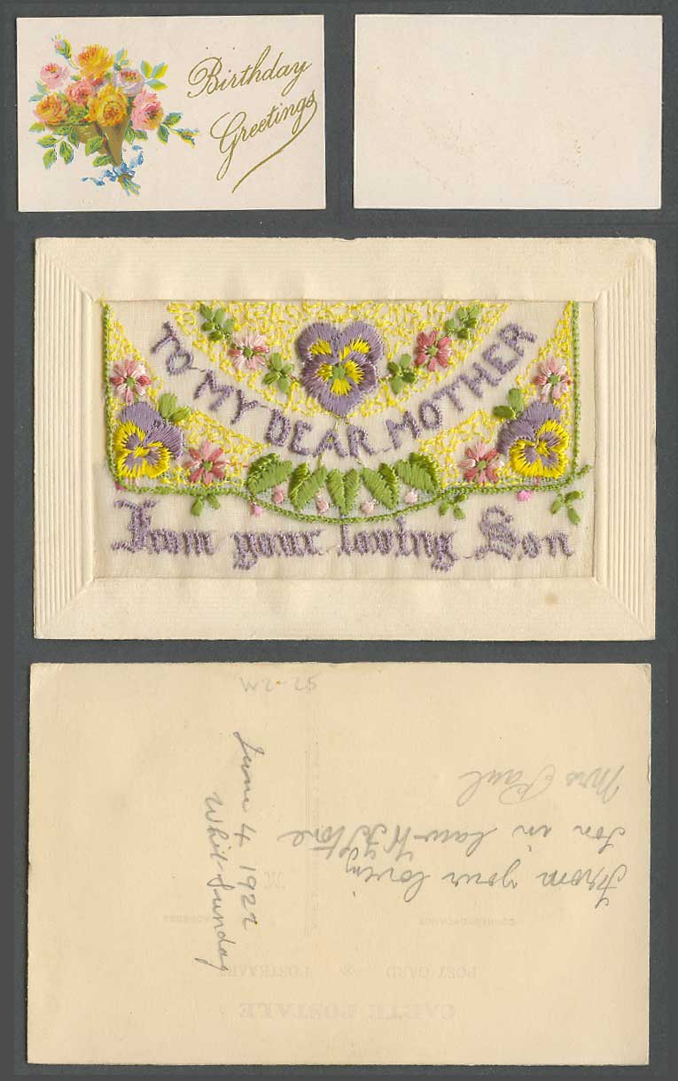 WW1 SILK Embroidered Old Postcard To My Dear Mother from Your Loving Son Pansies