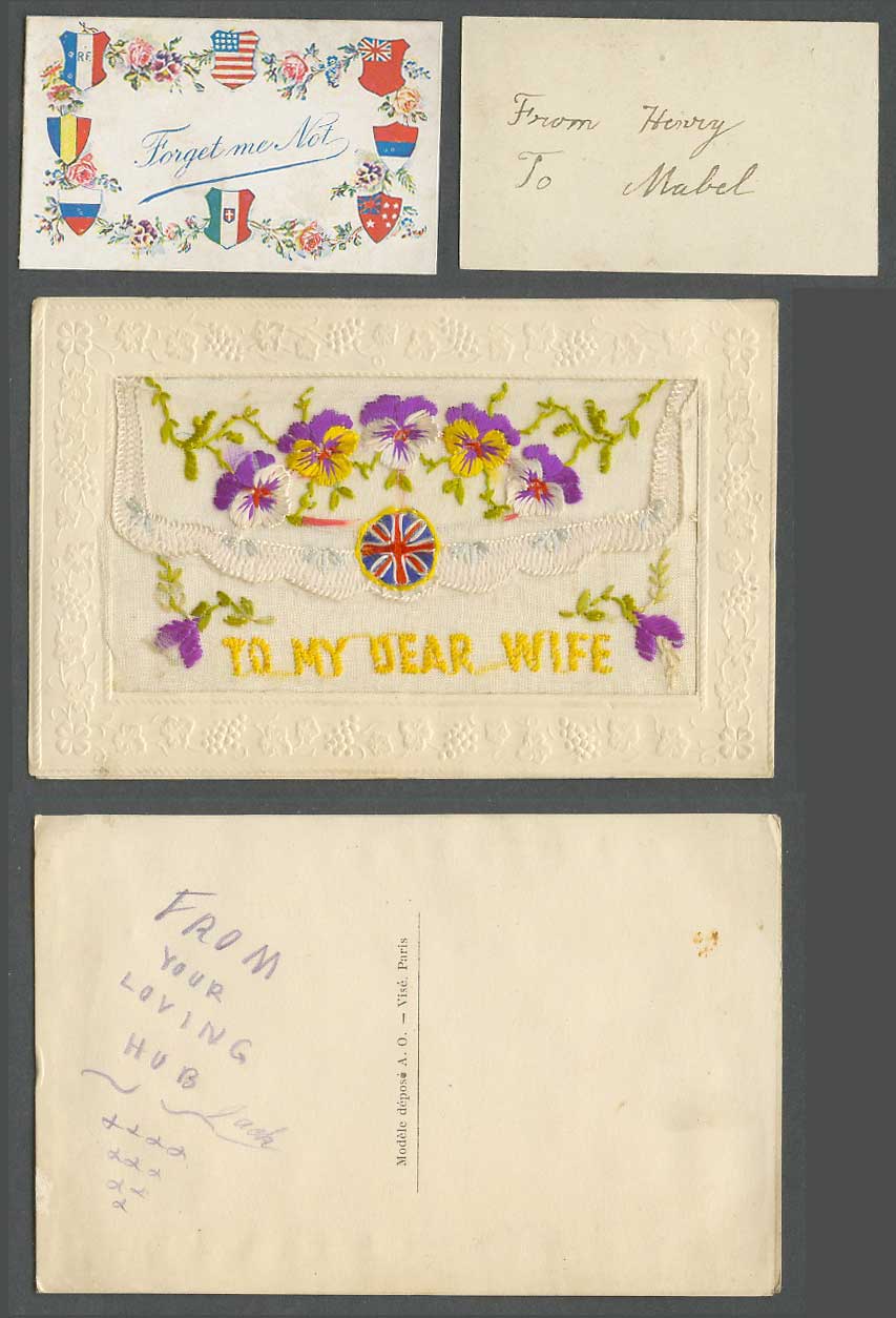 WW1 SILK Embroidered Old Postcard To My Dear Wife Pansies, Forget Me Not, Wallet