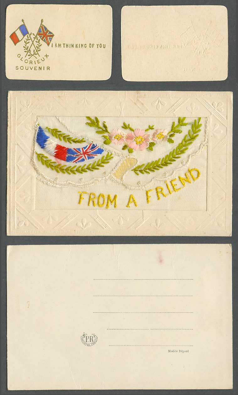 WW1 SILK Embroidered Old Postcard From a Friend Flags I'm Thinking Of You Wallet