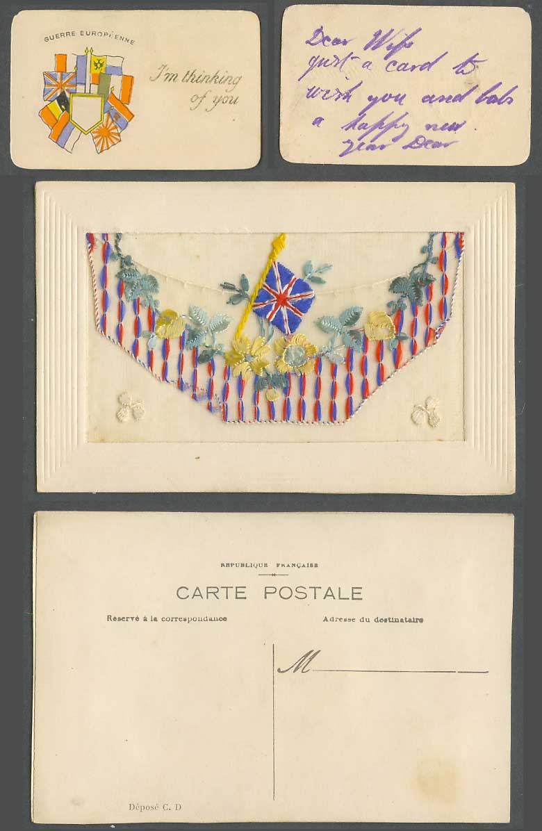 WW1 SILK Embroidered Old Postcard British Flag Flower I'm Thinking Of You Wallet