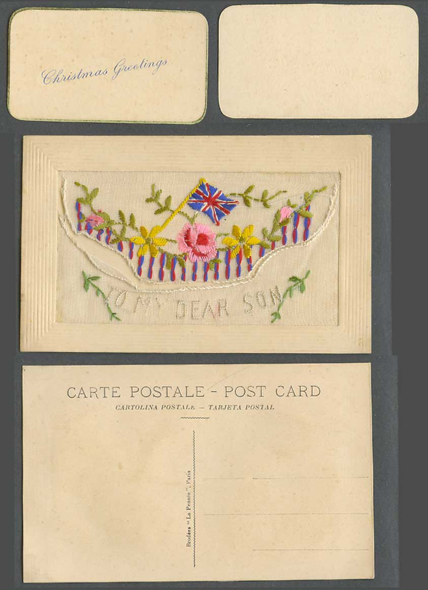 WW1 SILK Embroidered Old Postcard To My Dear Son Flag Christmas Greetings Wallet