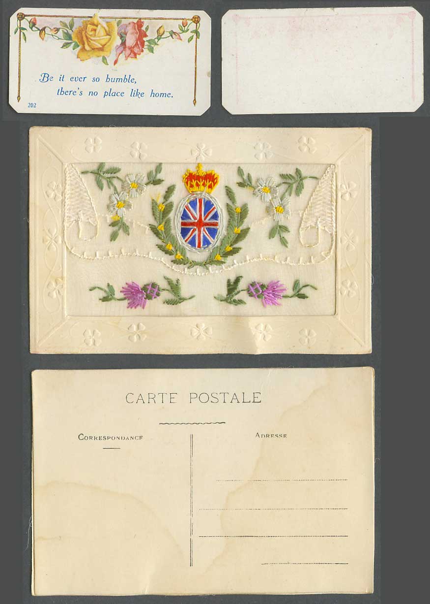 WW1 SILK Embroidered Old Postcard Coat of Arms Thistle Humble No Place Like Home