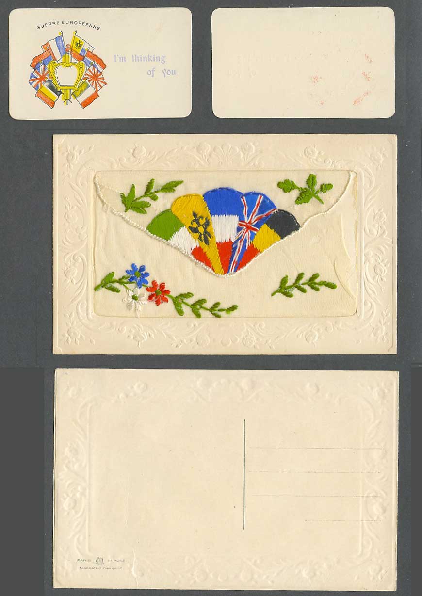 WW1 SILK Embroidered Old Postcard Flags I'm Thinking of You Guerre Europe Wallet