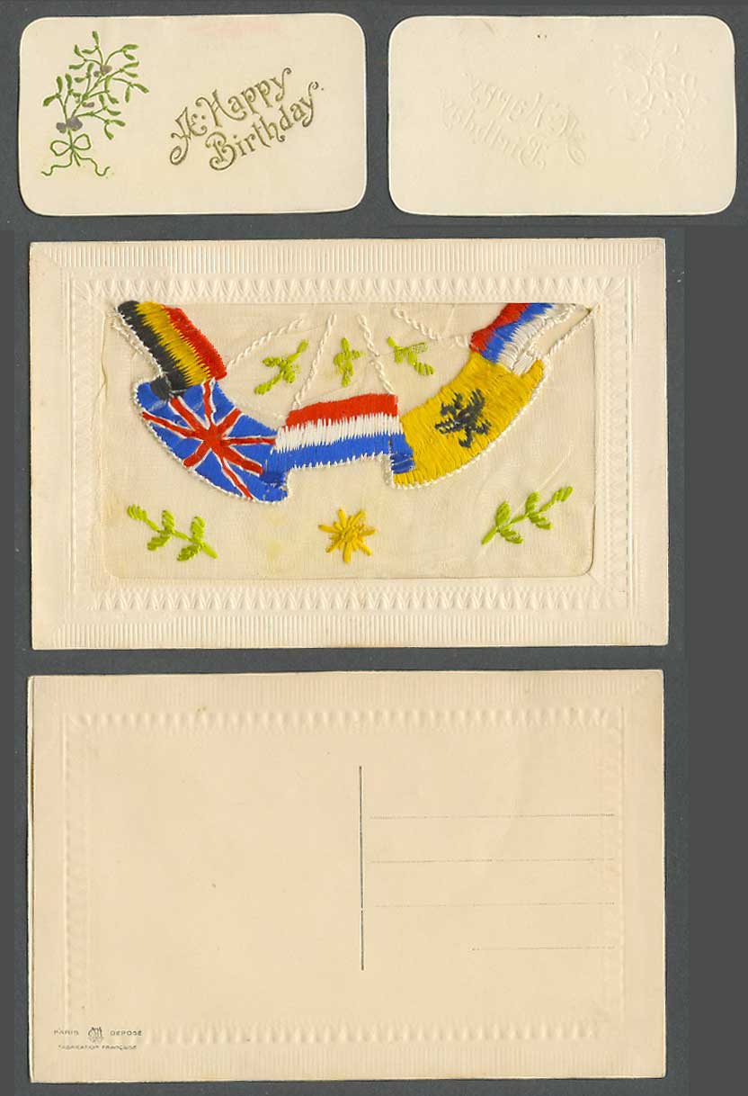 WW1 SILK Embroidered Old Postcard Flags A Happy Birthday Greeting Card in Wallet