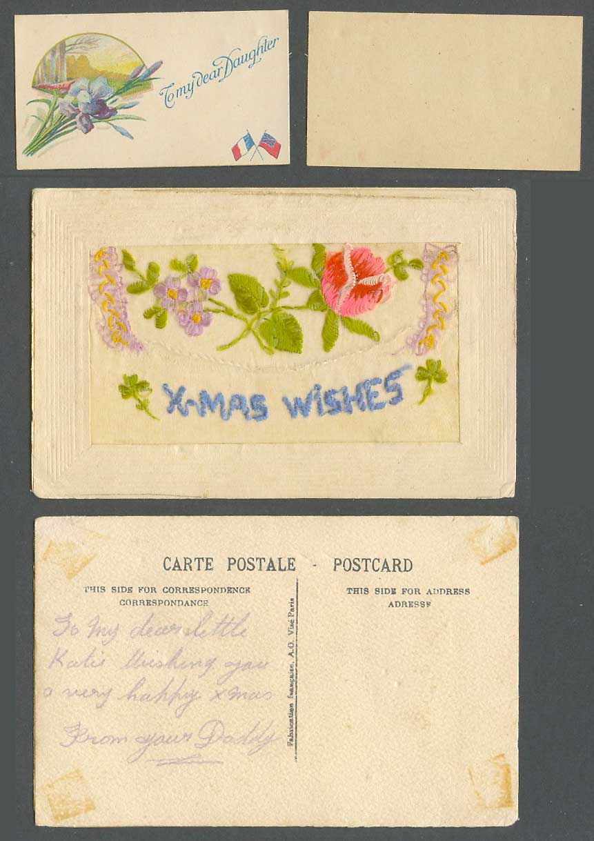 WW1 SILK Embroidered Old Postcard Xmas Wishes Flowers To My Dear Daughter Wallet