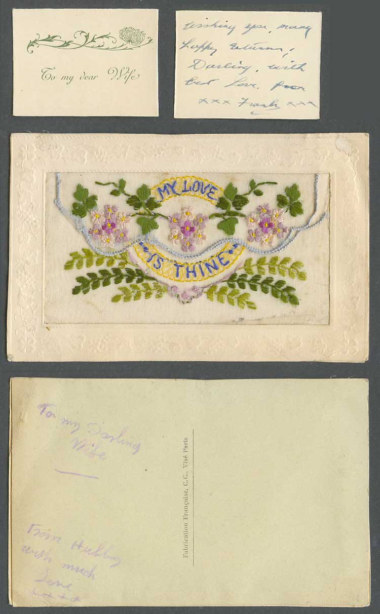 WW1 SILK Embroidered Old Postcard My Love Is Thine Flower To My Dear Wife Wallet