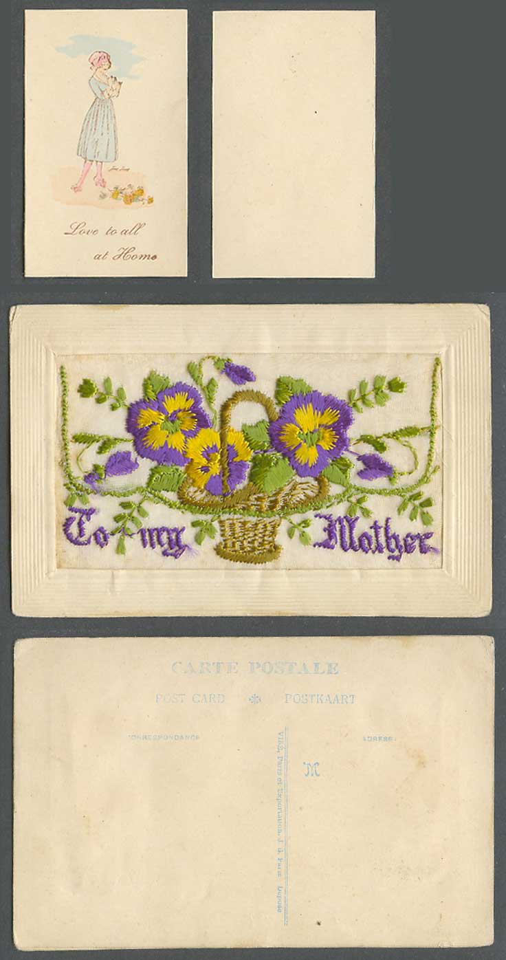 WW1 SILK Embroidered Old Postcard To My Mother Pansy Flowers Love to All at Home