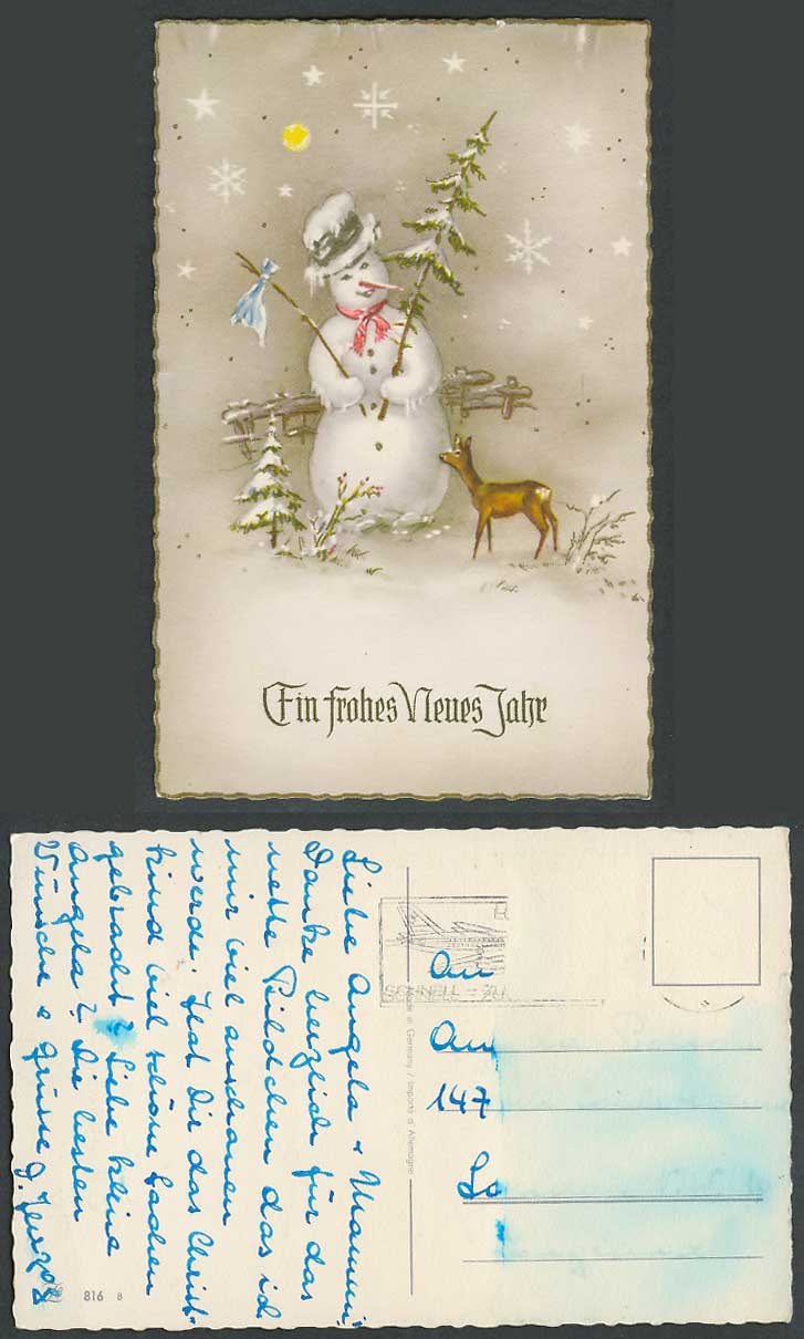 Snowman Snow Deer Snowflakes Ein Frohes Neues Jahr A Happy New Year Old Postcard