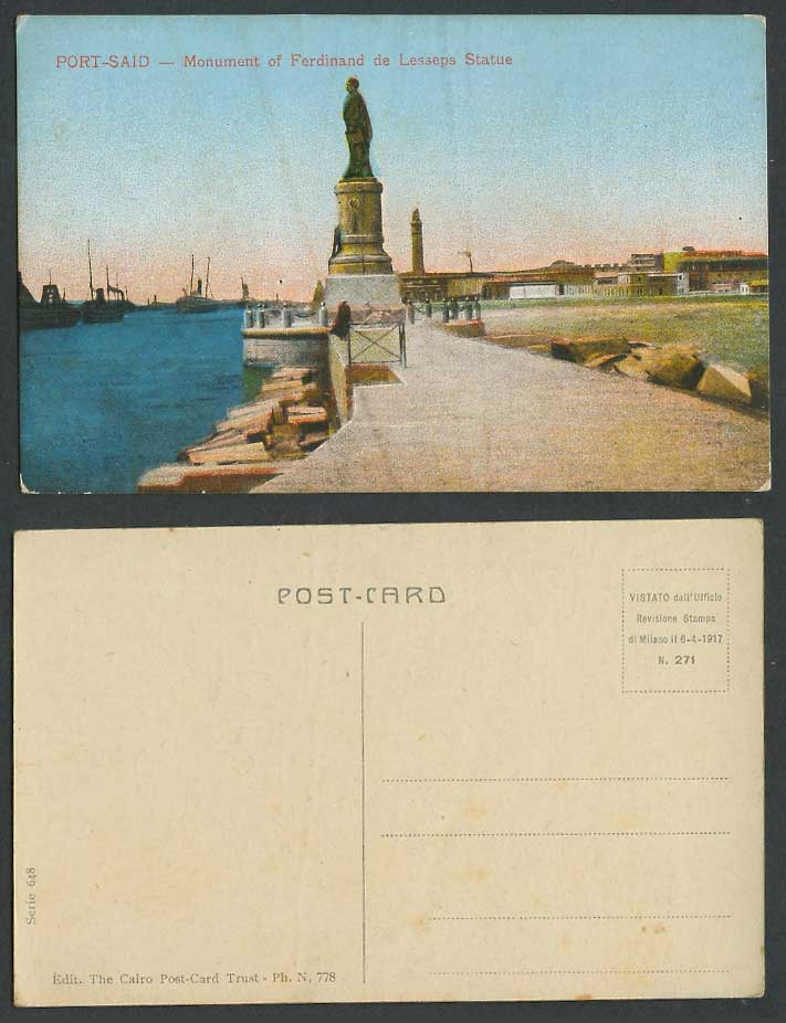 Egypt Old Colour Postcard Port Said Monument of Ferdinand de Lesseps Statue Boat