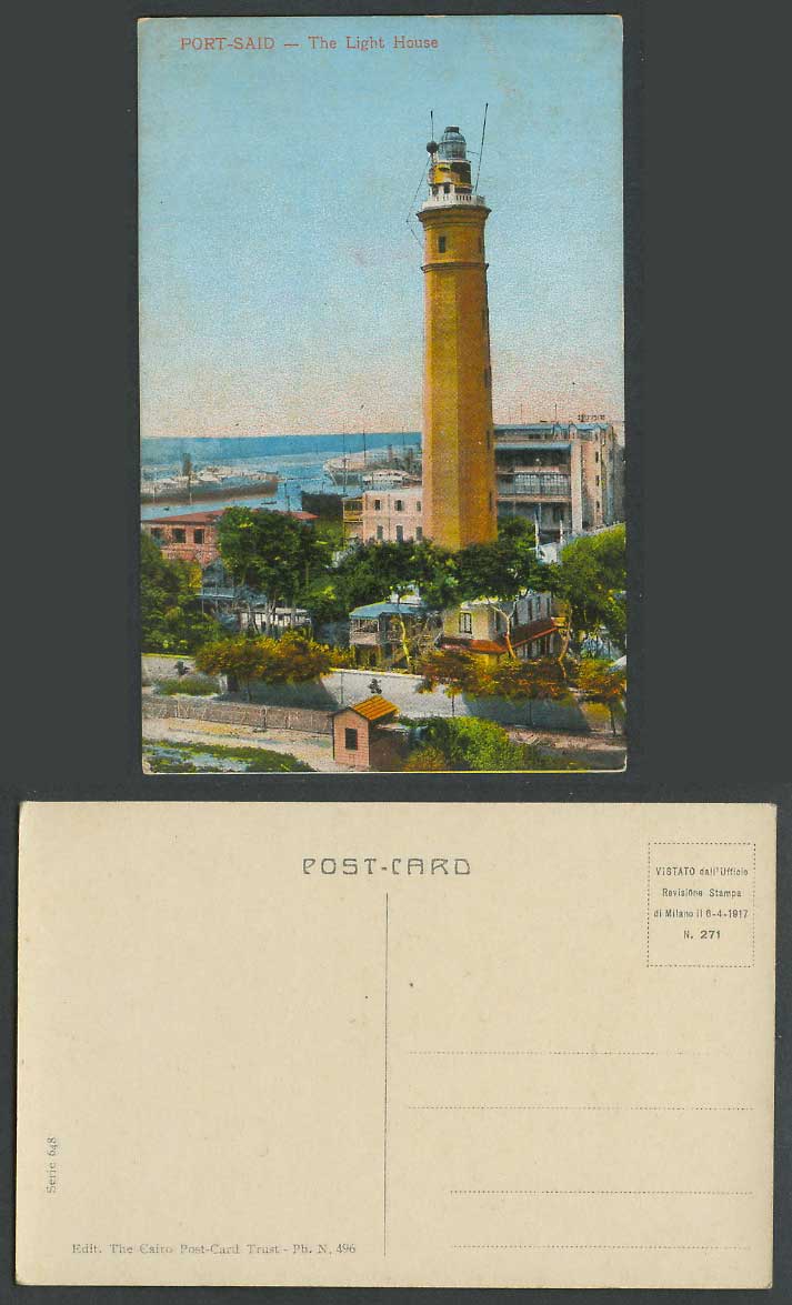 Egypt Old Colour Postcard Port Said The Light House Lighthouse Street Scene Ship