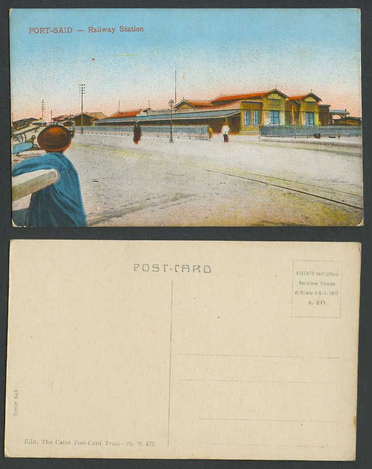 Egypt Old Colour Postcard Port Said Train Railway Station Entrance, Street Scene