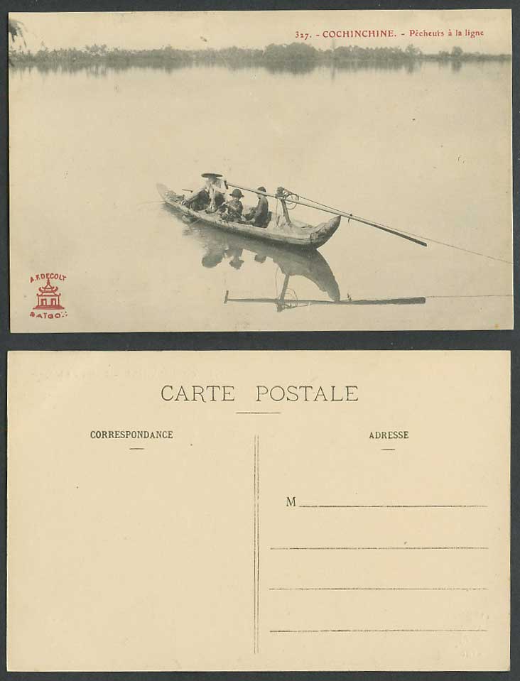 Indo-China Old Postcard Cochinchine Anglers Angling on Native Fishing Boat Canoe