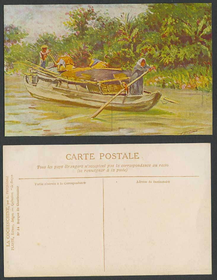 Indo-China Old Postcard La Cochinchine Boat Barque de Charbonnier by L Frequenez