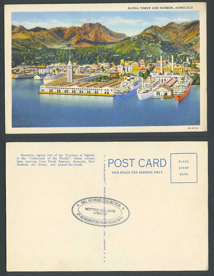 Hawaii Honolulu Aloha Tower and Harbour, Capital City, Steamers USA Old Postcard