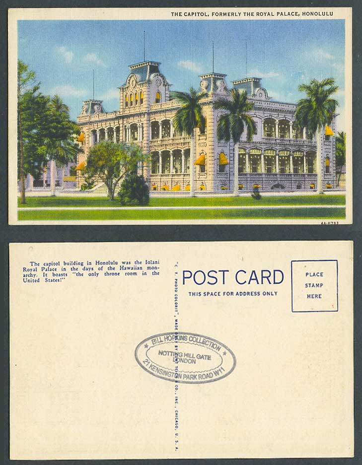 Hawaii Honolulu The Capitol Building Iolani Royal Palace Throne USA Old Postcard
