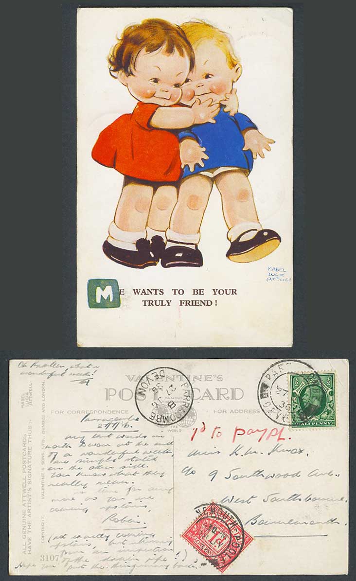 MABEL LUCIE ATTWELL Postage Due 1d. 1936 Old Postcard Be Your Truly Friend! 3107