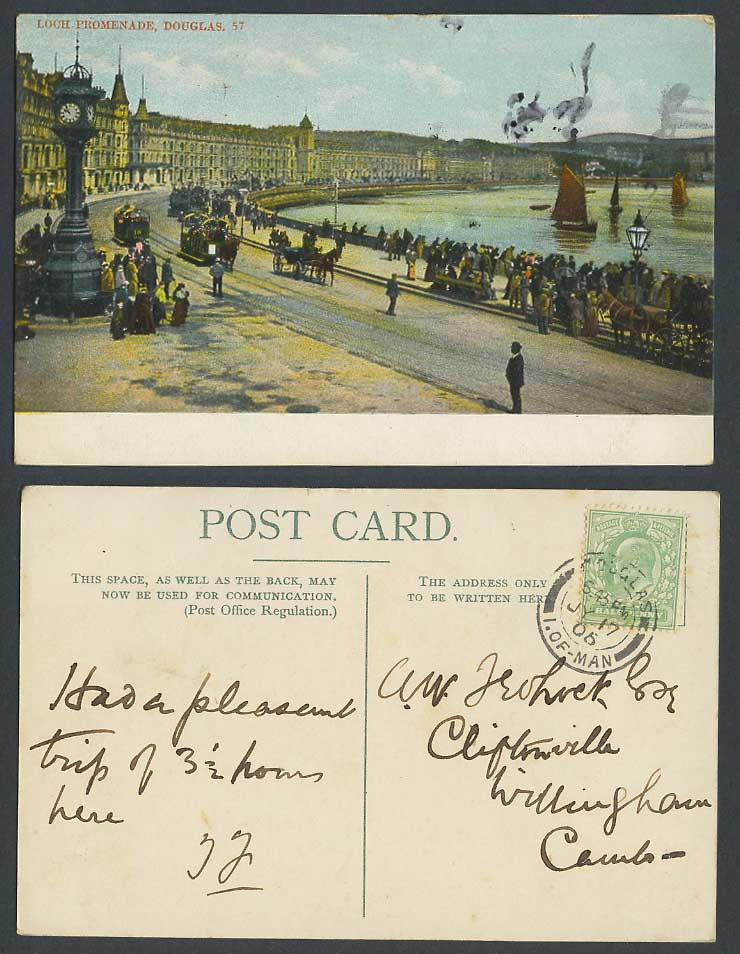 Isle of Man 1905 Old Postcard Loch Promenade Douglas, Tramcars Clock Tower Boats