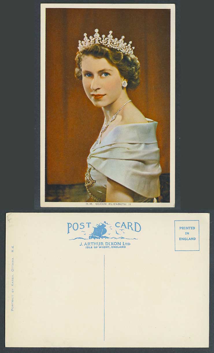 H.M. QUEEN ELIZABETH II, Portrait by Karsh Ottawa, British Royalty Old Postcard