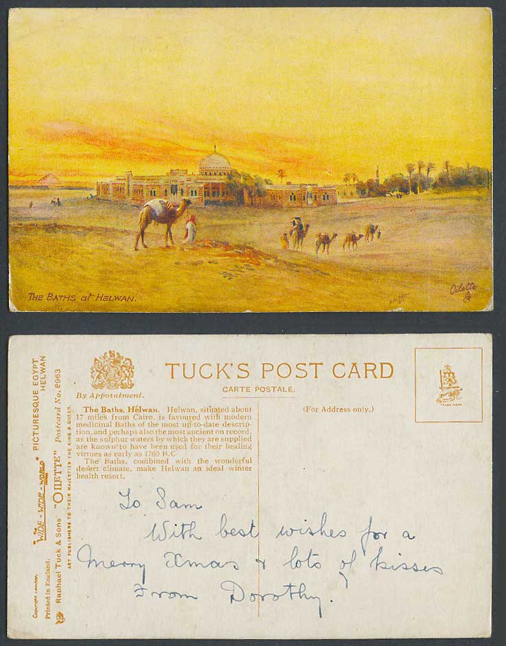 Egypt N. Hadden Signed 1911 Old Tuck's Postcard The Baths Helwan, Desert, Camels