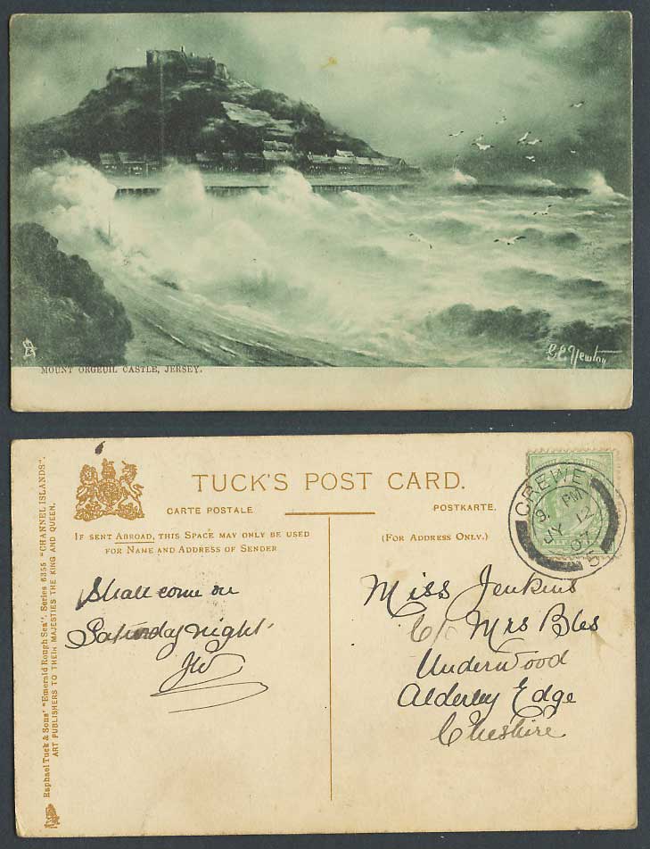 Jersey 1907 Old Tuck's Postcard Mount Orgueil Castle Emerald Rough Sea GE Newton