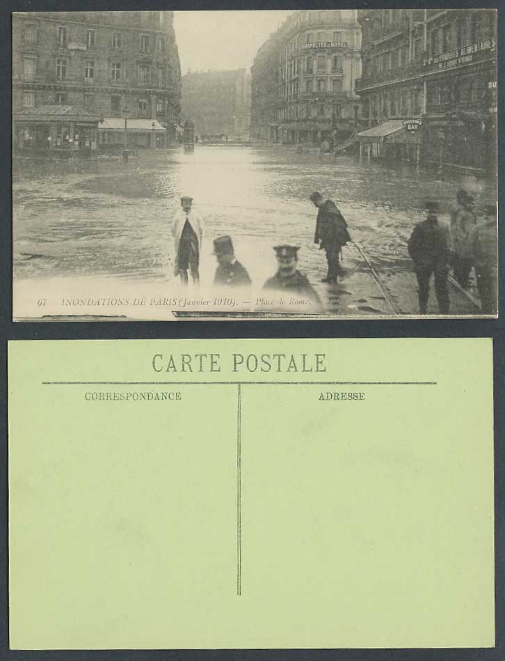 PARIS FLOOD 1910 Old Postcard Place de Rome Cosmopolite Hotel Hodgson's Bar LL67