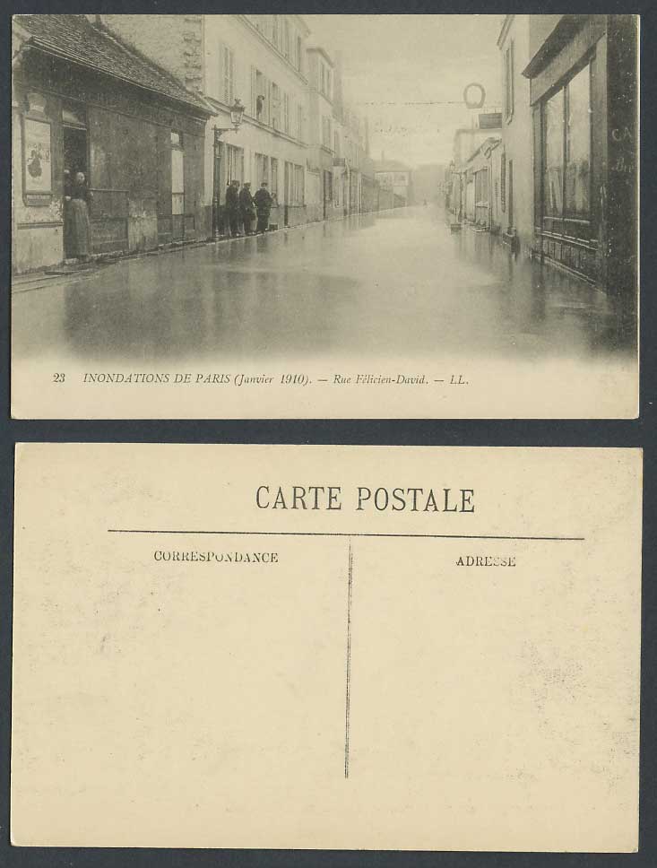 PARIS FLOOD Jan 1910 Old Postcard Rue Felicien David Flooded Street Scene L.L.23
