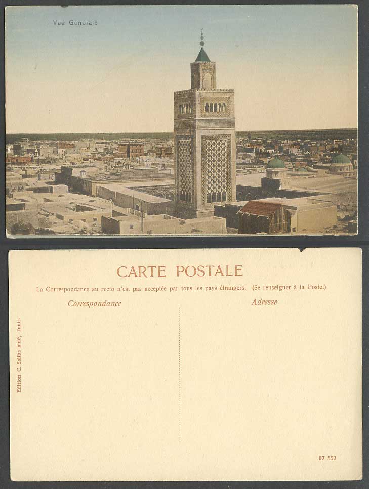 Tunisia Old Colour Hand Tinted Postcard Tunis, General View Vue Generale, Tower