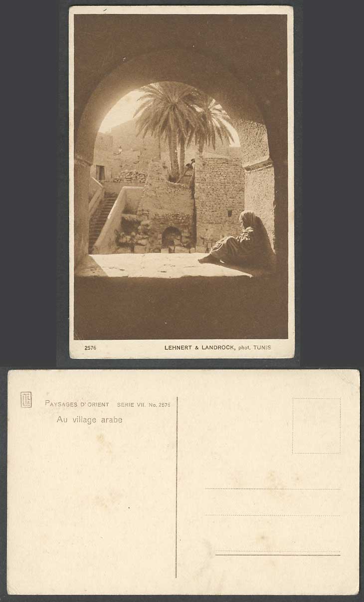 Tunisia Old Postcard Au Village Arabe, Little Arab Girl, Arch, Palm Trees, Steps