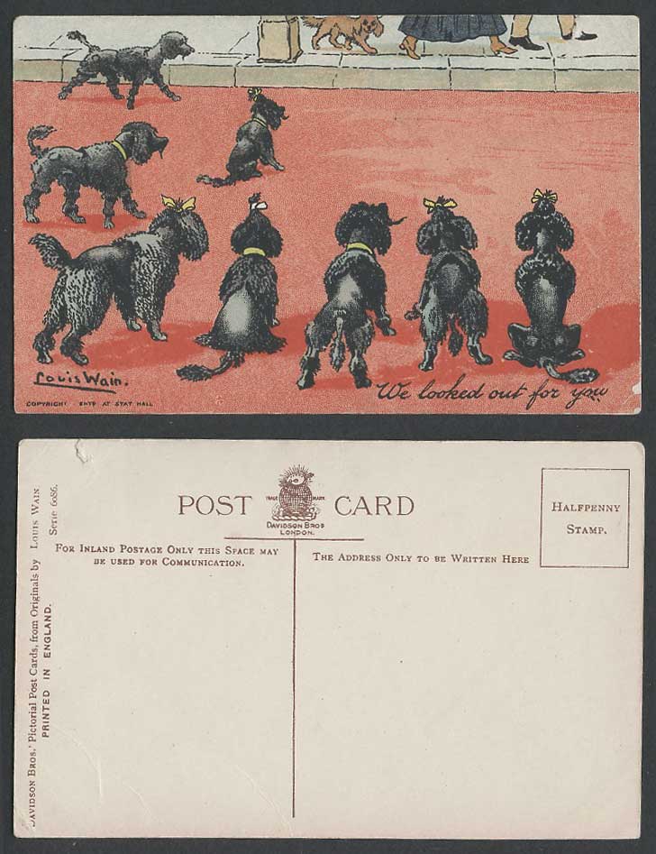 Louis Wain Artist Signed, Poodle Dogs Puppies We Looked Out For You Old Postcard