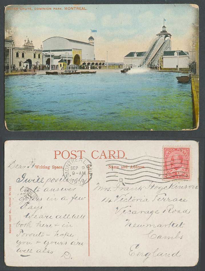 Canada KE7 2c 1909 Old Colour Postcard Water Chute, Dominion Park Montreal Boats