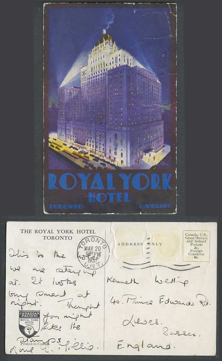 Canada 1937 Old Postcard Canadian Pacific Royal York Hotel Toronto Ontario Night