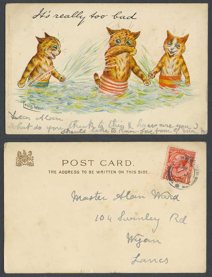 LOUIS WAIN Artist Signed Cats Its Really Too Bad Write Away 1920 Old UB Postcard