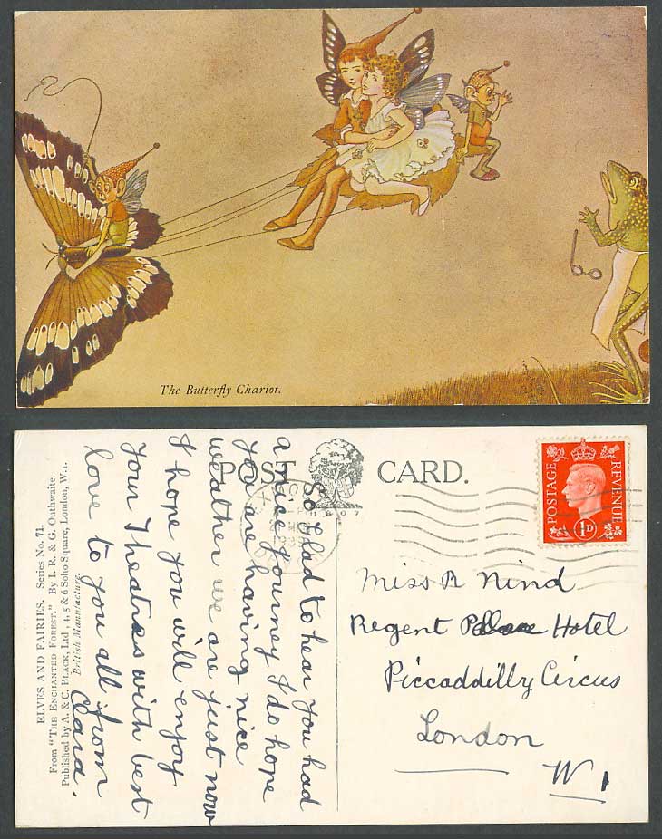 IR&G OUTHWAITE 1939 Old Postcard The Butterfly Chariot Frog Elves and Fairies 71