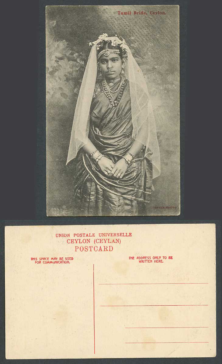 Ceylon Old Postcard TAMIL BRIDE, Native Woman, Wedding Dress Tradtional Costumes