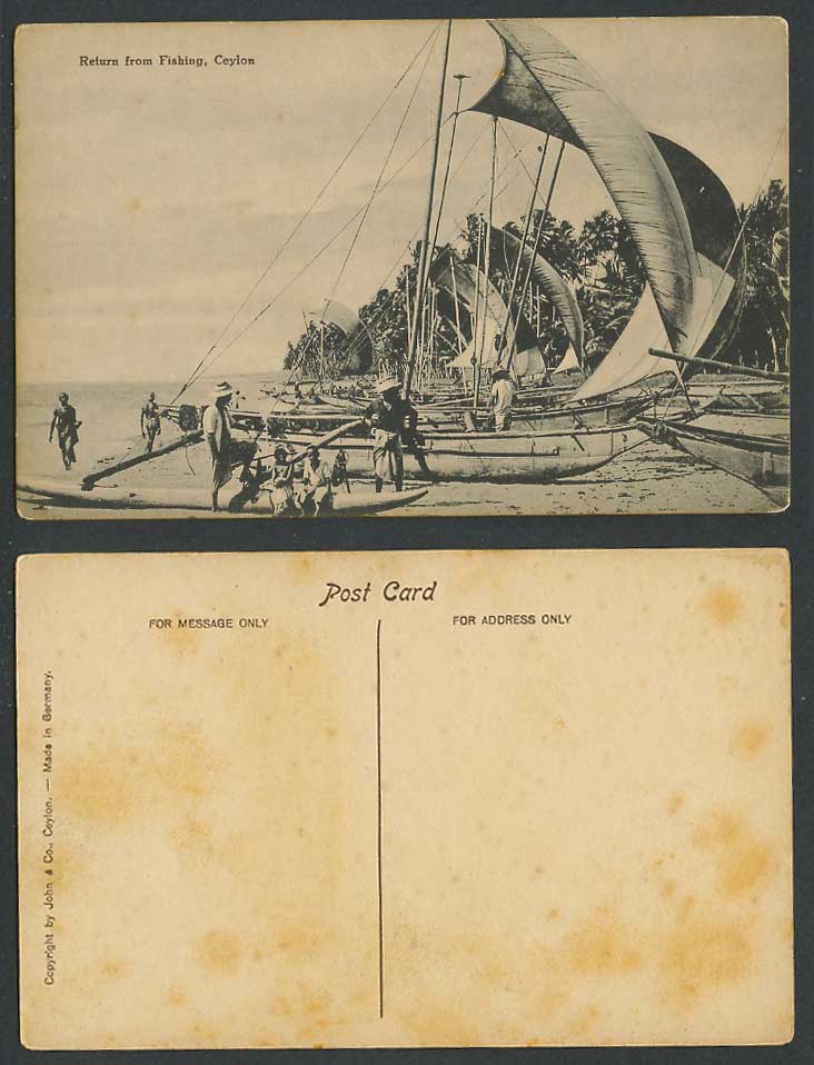 Ceylon Old Postcard Fishermen Return from Fishing, Sailing Boats Canoes on Beach