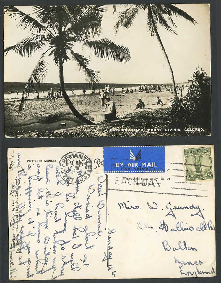 Ceylon Aust 1/- 1955 Old Real Photo Postcard Bathing Beach Mount Lavinia Colombo