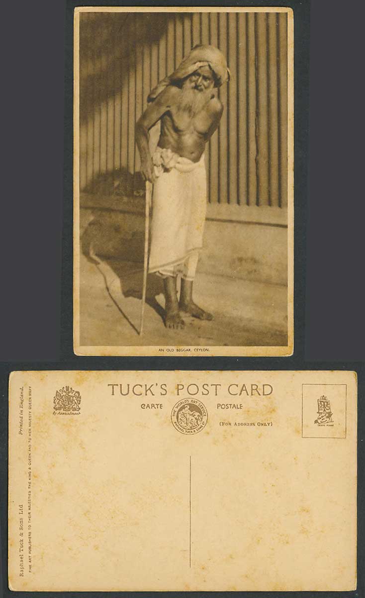 Ceylon Old Tuck's Postcard An Old Beggar Native Man with Walking Stick, Barefoot