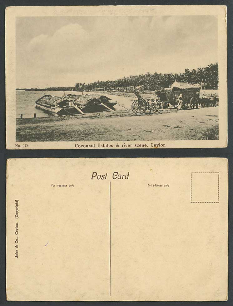 Ceylon Old Postcard Cocoanut Estates, River Scene Sampans Rickshaw Bullock Carts