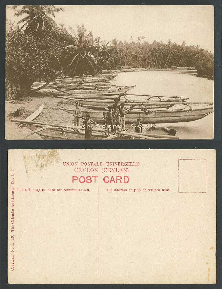 Ceylon Old Postcard River Scene, Boats Canoes, Native Boys Children, Palm Trees