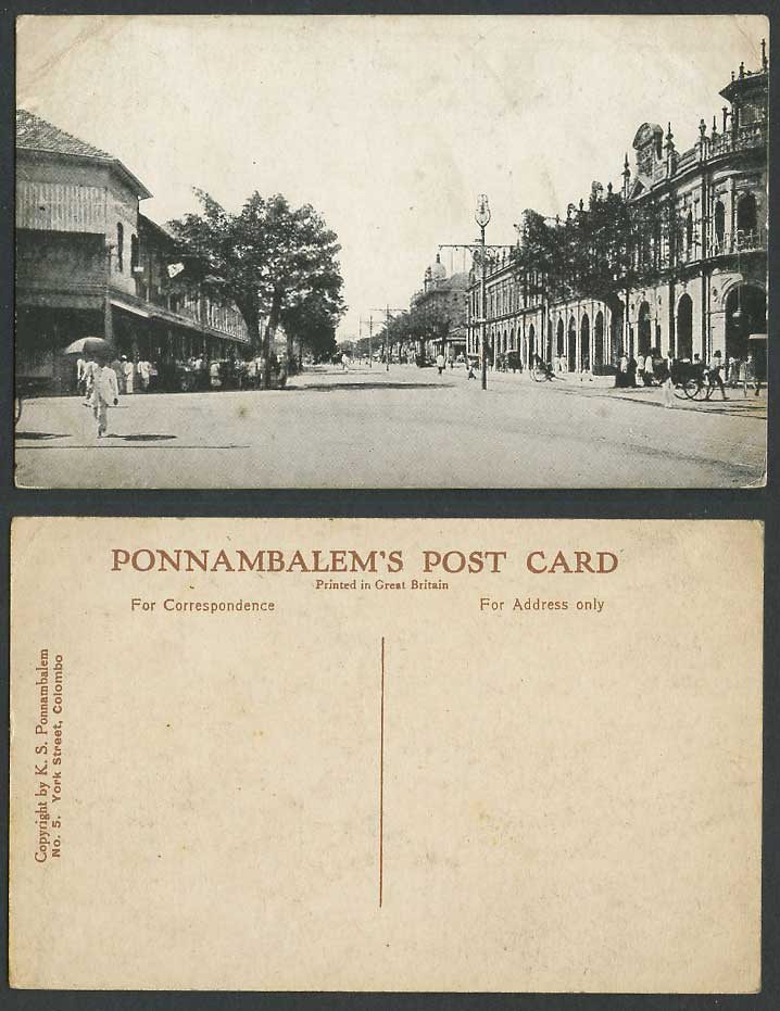 Ceylon Old Postcard York Street Scene Colombo Rickshaw Coolie K.S. Ponnambalem 5