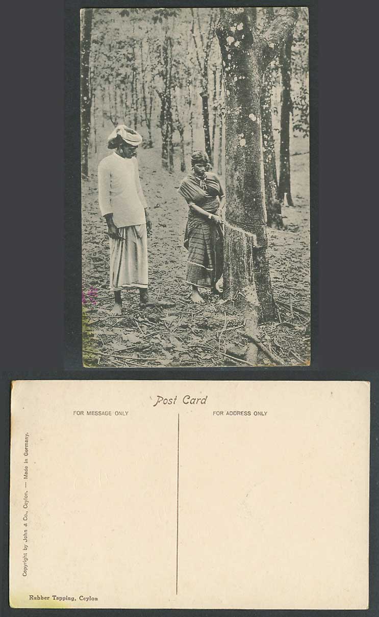 Ceylon Old Postcard Rubber Tapping Native Woman Tapper Tree Using English Method