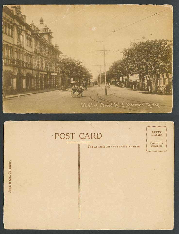 Ceylon Old Postcard York Street Scene Fort Colombo, Tram Tramway Rickshaw Pagoda