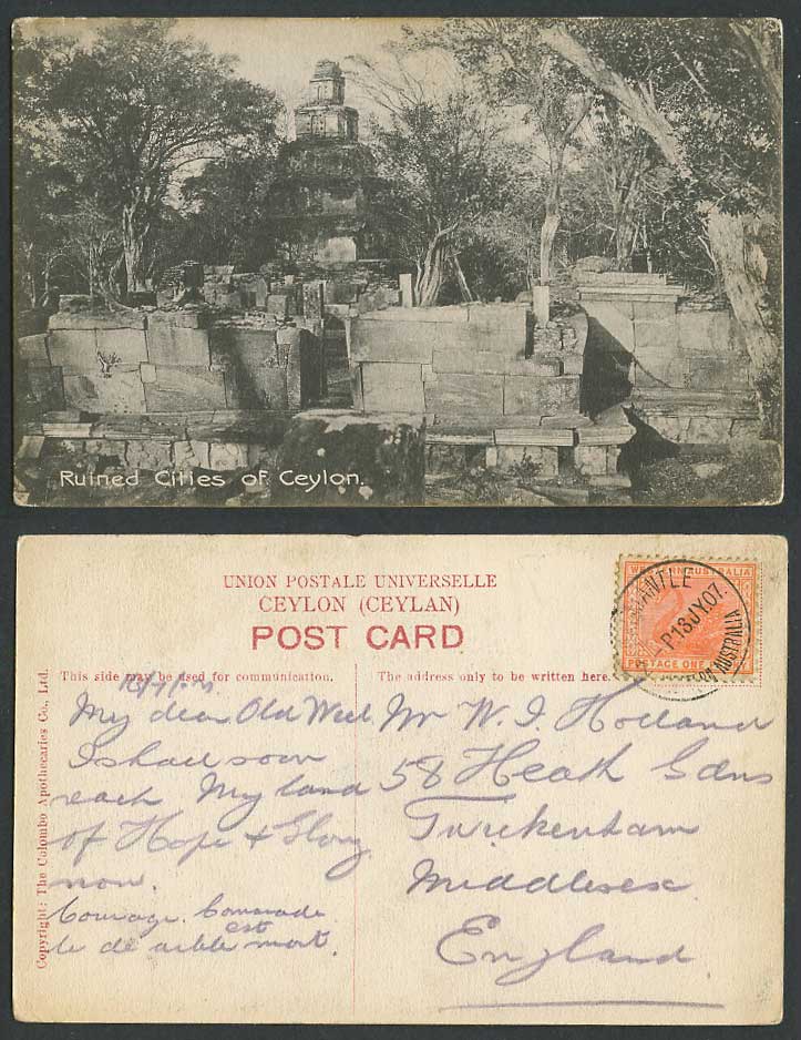 Ceylon Western Australia Swan Bird 1d 1907 Old Postcard Ruined Cities, City Ruin