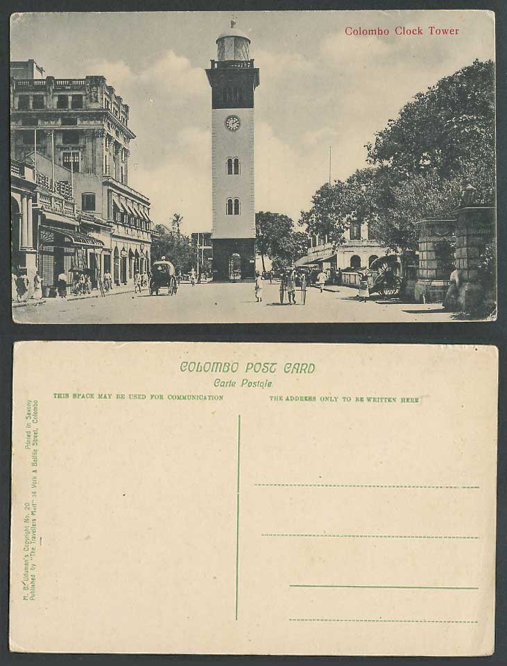 Ceylon Old Postcard Colombo Clock Tower Lighthouse Street Scene Rickshaw Coolies