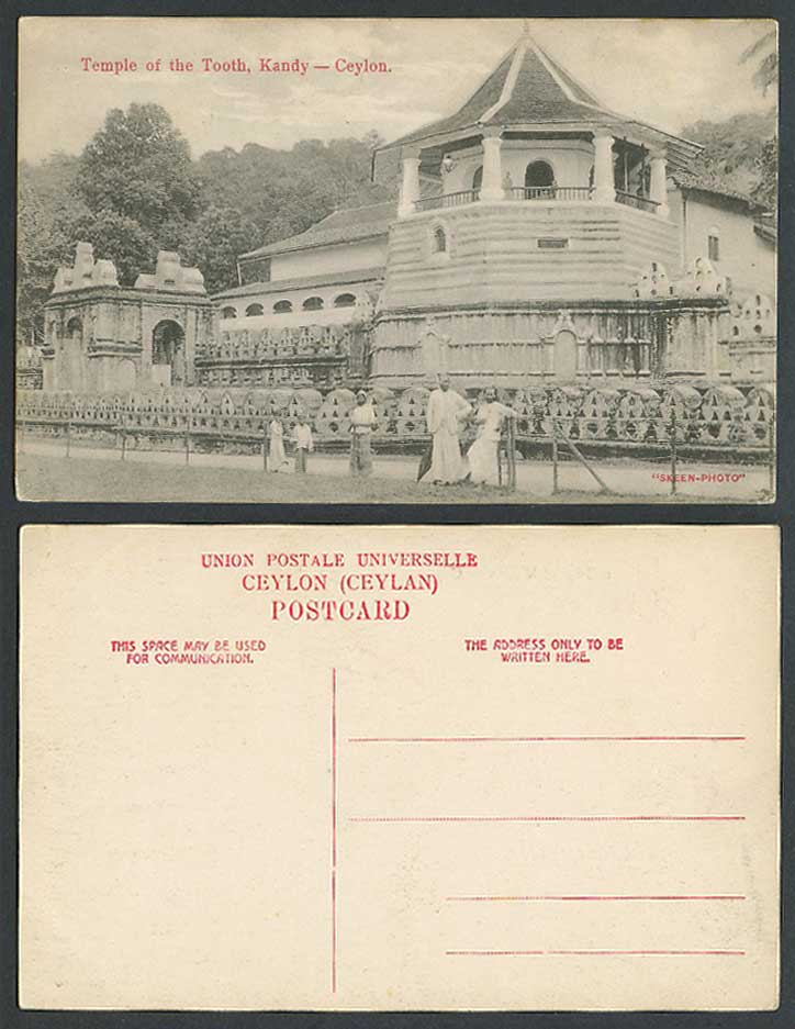 Ceylon Old Postcard Temple of The Holy Tooth Kandy, Street Scene, Natives, Skeen