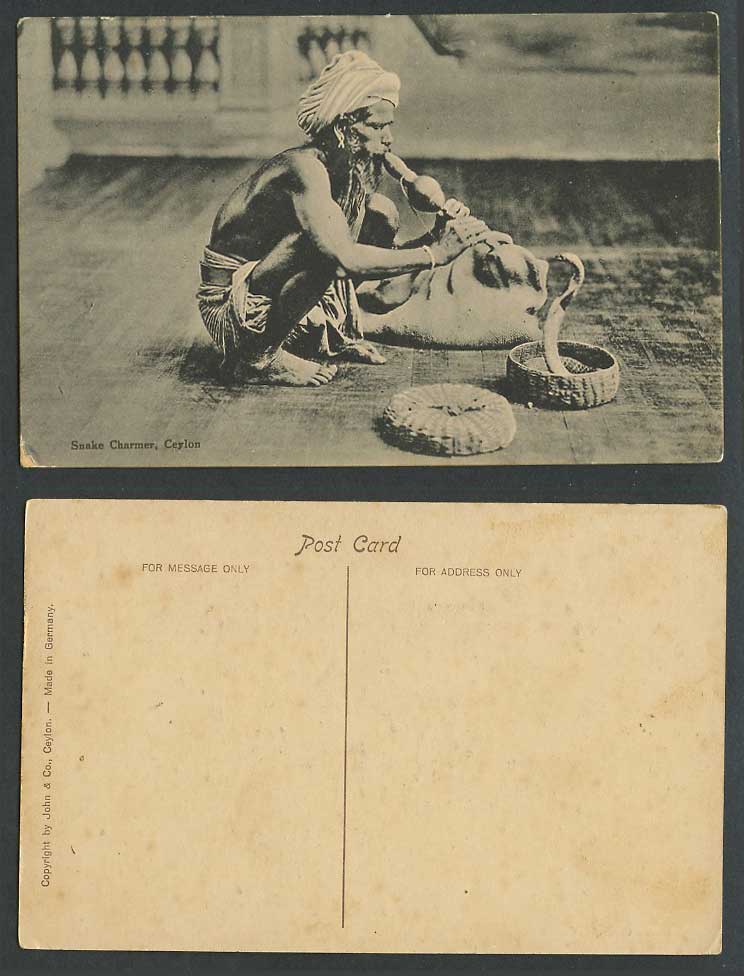 Ceylon Old Postcard Snake Charmer Native Juggler Cobra Snake Flute Pungi, Ethnic