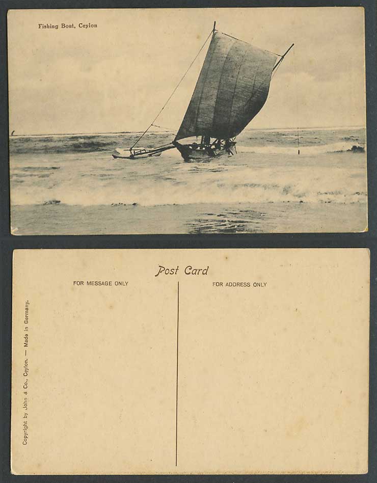 Ceylon Old Postcard Fishing Boat, Native Sailing Vessel Canoe, Fishery, Shipping
