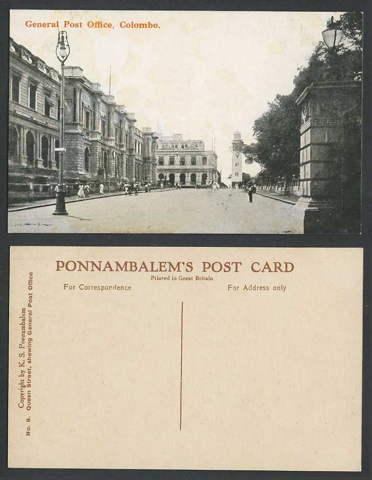 Ceylon Old Postcard General Post Office Colombo Queen Street Scene Lighthouse 9.