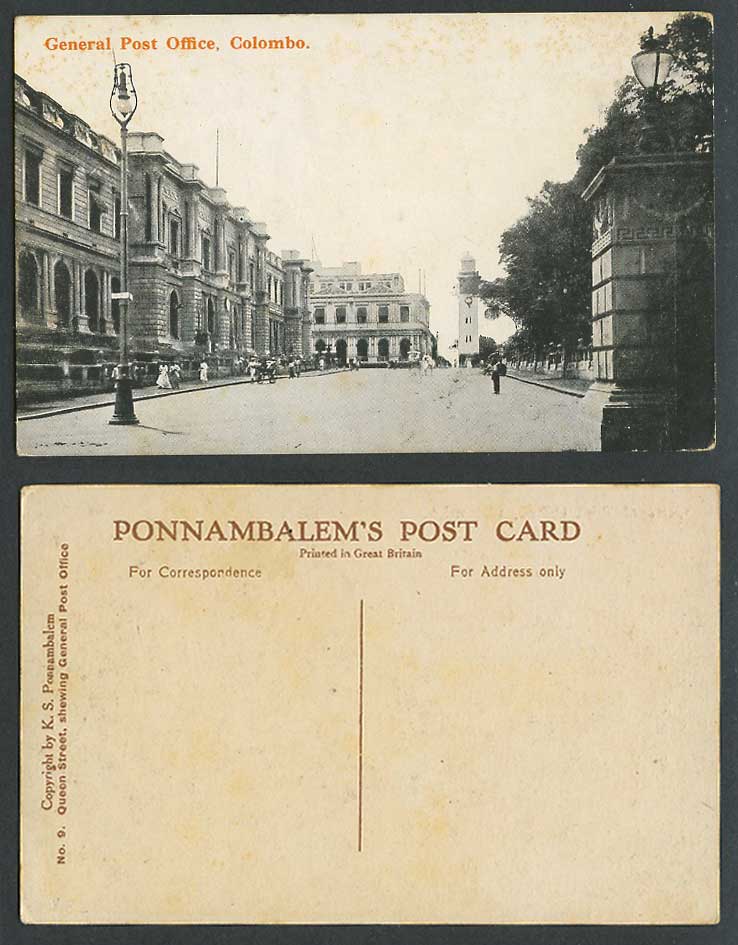 Ceylon Old Postcard General Post Office Colombo, Queen Street Scene & Lighthouse